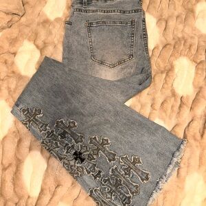 Light Blue Flare Jeans with cross Embroidery